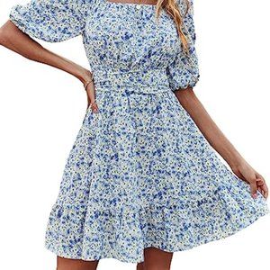 Women's Short Sleeve Casual Dress Tie Back Floral High Waist Ruffle Mini Dress
